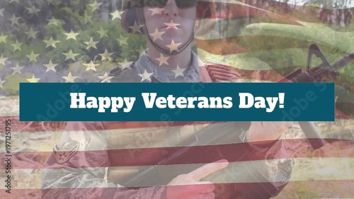 The flag of the united states of america waving over a caucasian soldier holding a gun