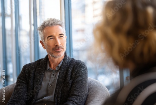 Cinematic portrait of a middle-aged man with short gray hair and stubble, dressed in a tailored dark blazer and shirt, sitting in a modern office environment with large windows