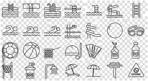Collection of swimming pool and related equipment icons for recreational activities.