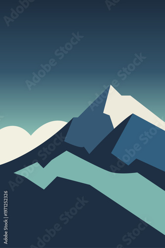 Logo agencia de viajes. Dibujo sencillo con silueta de un paisaje con montaña con nieve y nube con fondo nocturno 