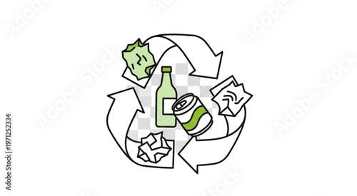 Recycling symbol with various waste items representing environmental conservation.