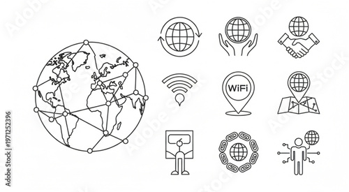 Global network connectivity icons representing worldwide communication and technology.