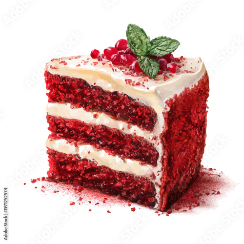 Watercolor Red Velvet Cake vector, artistic painting style, high-resolution illustration on a pure white background.