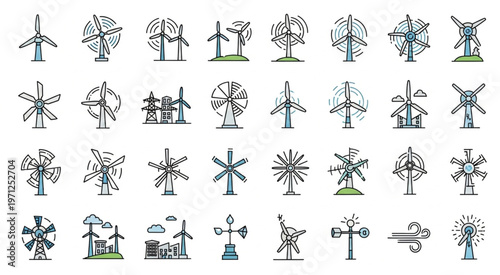Collection of various wind turbines in different designs and styles for energy.