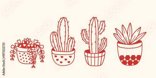 set of flowers in line art style. Desert prickly plants, Mexican cactus flowers, and tropical houseplants or cacti for summer climates.