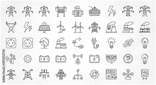 Collection of various electricity and energy related icons and symbols.
