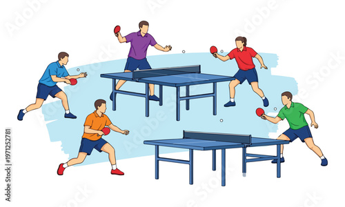 Table tennis players competing on ping pong tables vector