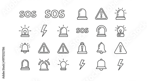 Emergency and warning symbols collection for safety and alerts in various situations.