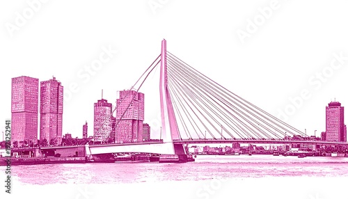 A modern cityscape featuring a cable-stayed bridge and several high-rise buildings, rendered in a pink, monochromatic style