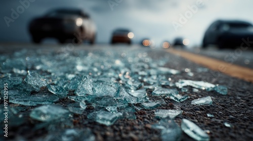 Close-animated movie view of shattered glass shards scattered on the asphalt surface at an scene with blurred cars in the background