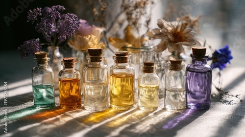 Collection of transparent glass bottles filled with colorful essential oils and facial oils, arranged with dried flowers and herbs on a natural surface