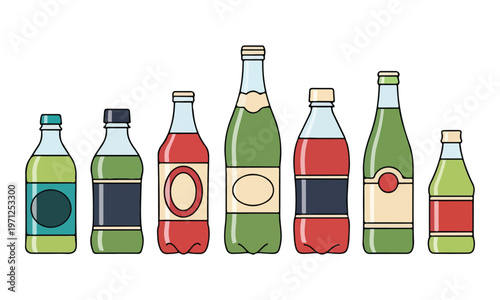 Soda and Beverage Bottles Row Flat Vector Illustration