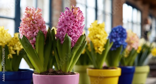 Colorful hyacinth flowers in plant arranged in an indoor setting with large windows and wooden elements