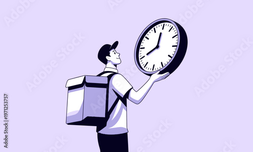 Delivery courier man holding big clock representing fast and on time service