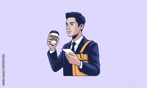 Young Businessman in Suit Holding Coffee and Phone Vector Illustration