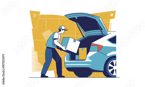 Delivery Courier Loading Package into Car Trunk Vector Illustration
