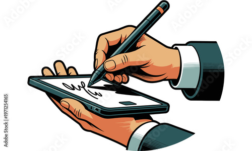 Businessman signing a digital document on a tablet with a stylus