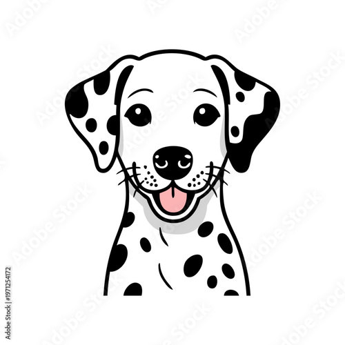Dibujo sencillo con líneas de la cabeza de un simpático perro dálmata sacando la lengua visto de frente