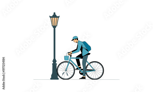 Man riding bicycle past a vintage street lamp vector illustration