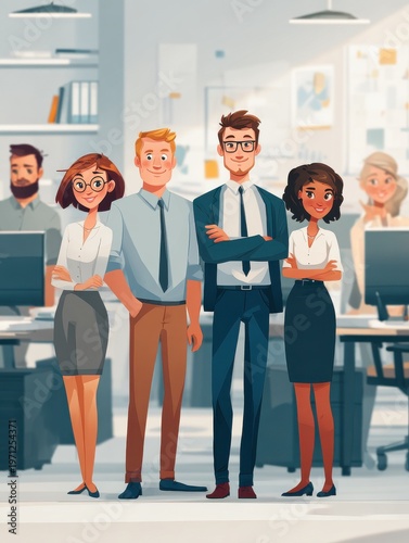 office team morning standup with business background