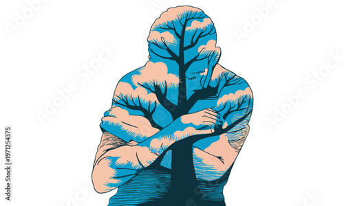 Surreal Silhouette of Man with Tree and Sky Double Exposure