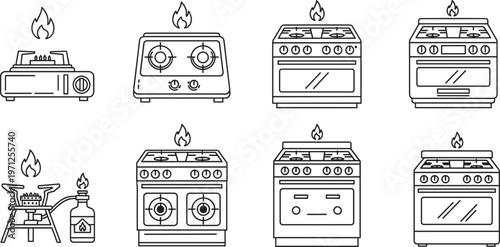 Collection of gas stove icons featuring kitchen ovens camping burners and cooking ranges with flames for culinary household appliance and outdoor adventure vector design.