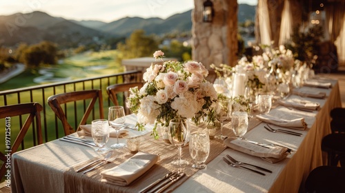 Elegant outdoor wedding table set animated movie with floral centerpieces, fine china, glassware, and linen cloths under natural sunlight amidst scenic landscape