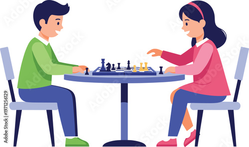 Young Boy And Girl Playing Chess At A Table Vector Illustration For Children Board Games Strategy Education And Smart Thinking Graphic Designs
