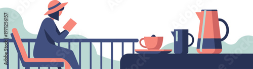 A person in a hat reading a book on a balcony with a cup of coffee and a kettle on a table, enjoying a peaceful morning