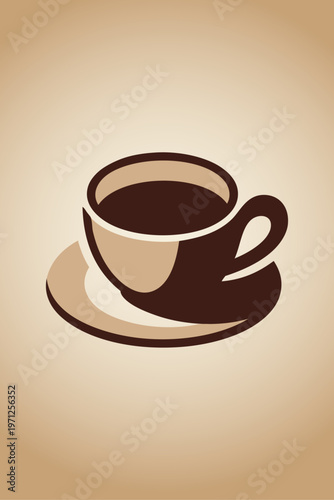 Logo cafetería. Dibujo sencillo con líneas estilo vintage de una taza de café con su plato con fondo degradado 