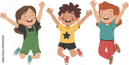 Happy jumping children illustration, cartoon kids celebrating together, cheerful playful characters colorful vector design