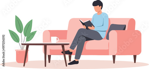 A person is relaxing on a comfortable sofa, engrossed in a book, with a potted plant and a mug on a coffee table nearby, illustrating a peaceful moment of leisure