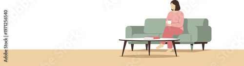 A woman unwinds peacefully on a comfortable sofa at home, enjoying a warm beverage during her quiet leisure time, embracing domestic serenity