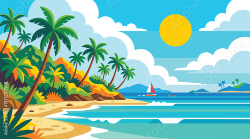 Quadro su tela tropical beach sunset with palm trees and sailboat vector illustration