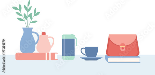 Modern flat design illustration featuring essential daily items arranged neatly, reflecting a serene and organized personal space and a minimalist lifestyle