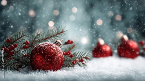 Festive christmas background showcasing vibrant red ornaments with textured glossy surfaces, nestled among lush green pine branches with soft snowy accents under a blurred