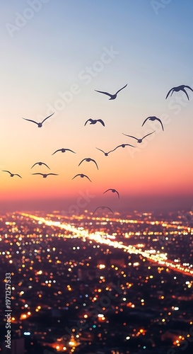 Birds flying over city lights at sunset.