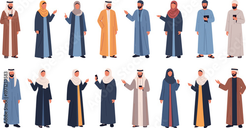 Professional Arab Men and Women Vector Set Featuring Diverse Muslim Characters in Traditional Attire Isolated on White Background for Cultural Designs