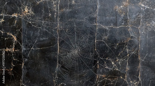 A close-up view of a complex, circular spider web spun across a dark, cracked, and weathered wall