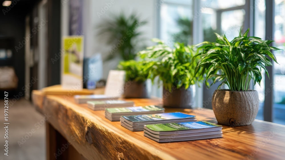 Fototapeta premium Focused medium shot on a natural wood wellness front desk with calming green plants and wellness pamphlets lightly out of focus.
