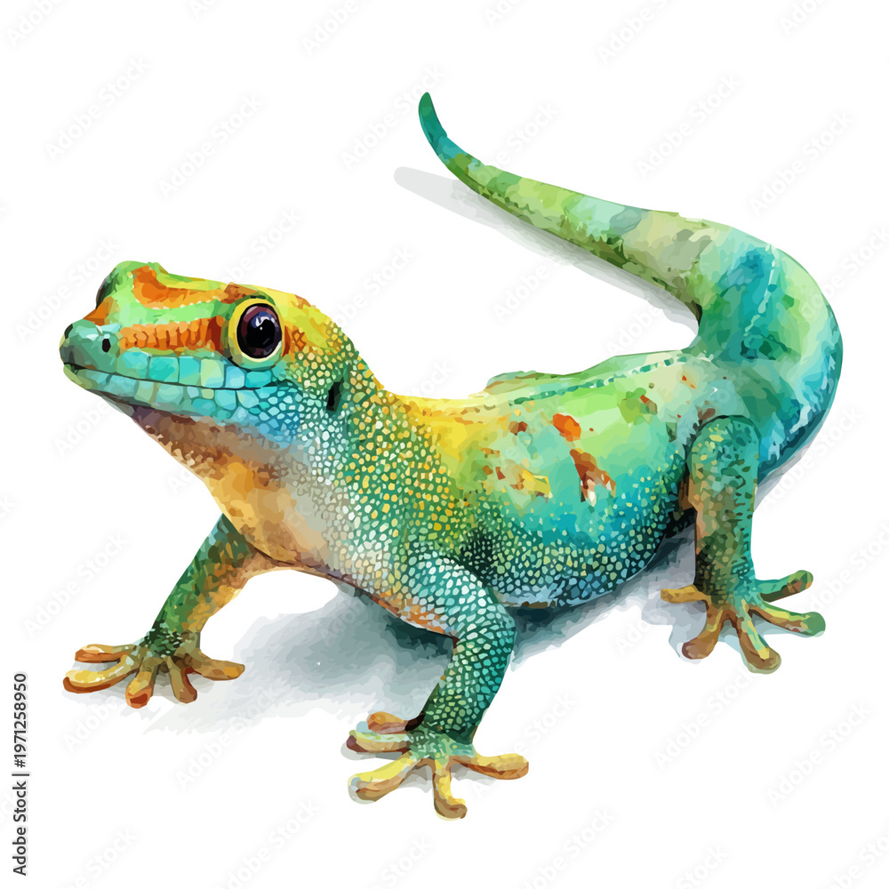 Fototapeta premium Watercolor Gecko vector, artistic painting style, high-resolution illustration on a pure white background.
