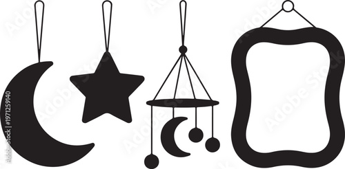 Minimalist of a crescent moon and star with telescope and flask