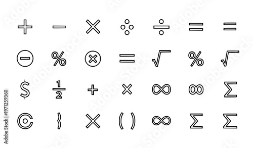 Math symbols icon set with calculation signs editable stroke thin line vector for education and calculator design