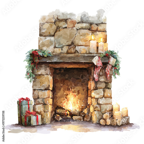 Stylized watercolor Christmas Fireplace vector, modern artistic illustration with high-quality details on a pure white background.