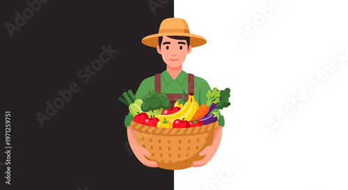 Farmer holding a basket of fresh produce.