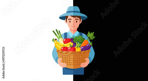 Farmer holding a basket of fresh vegetables.