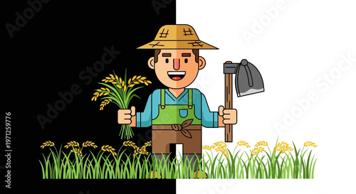 Cartoon gardener with shovel and plant.