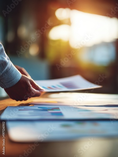 business analyst reviewing reports with a blured background with naturel sunlightar 34