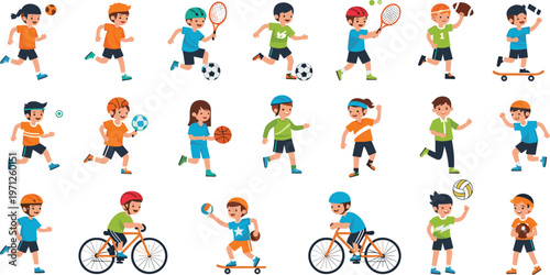Happy Cartoon Children Vector Set Featuring Little Boys and Girls Playing Soccer Tennis Basketball and Biking for Youth Sports and Active Lifestyle Designs