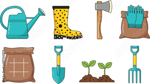 Gardening equipment set with watering can, boots, shovel, rake, gloves and seedlings, flat vector illustration collection